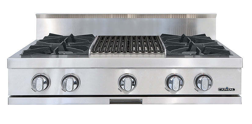 Capital Stainless steel gas range top with four burners and grill