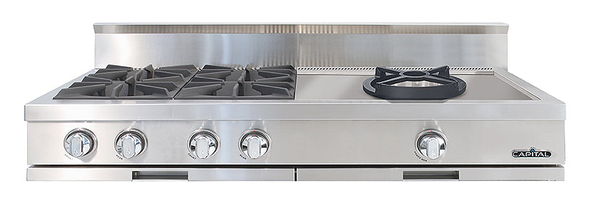 Capital stainless steel gas range top with four burners and specialty wok burner