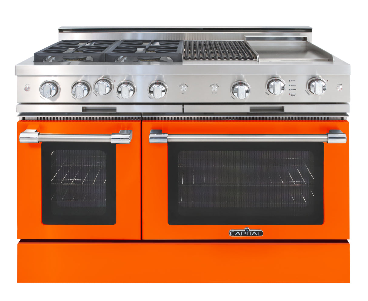 orange  range gas cooktop four burners grill, griddle, double oven