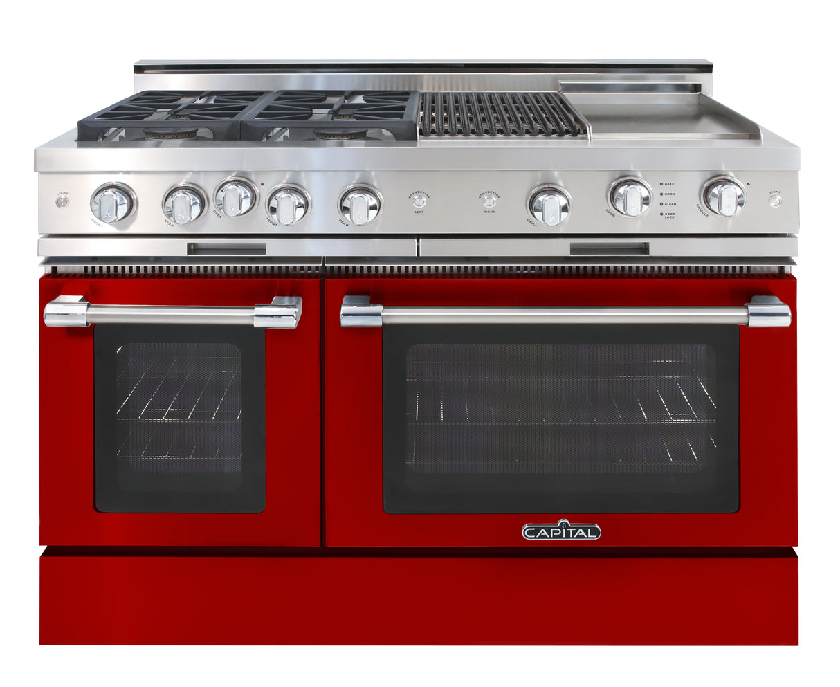 carmine red  range gas cooktop four burners grill, griddle, double oven