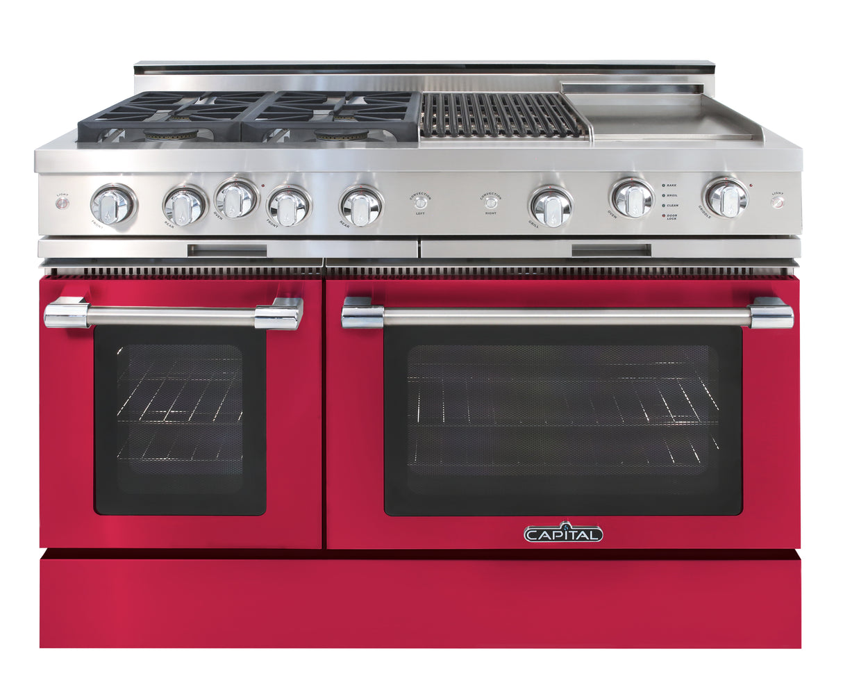 raspberry red  range gas cooktop four burners grill, griddle, double oven