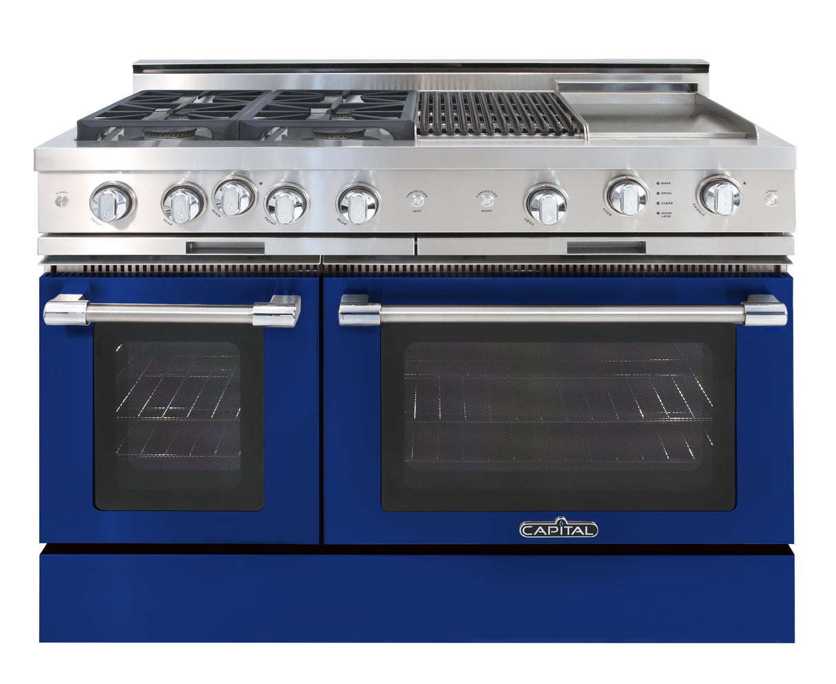 ultramarine blue  range gas cooktop four burners grill, griddle, double oven