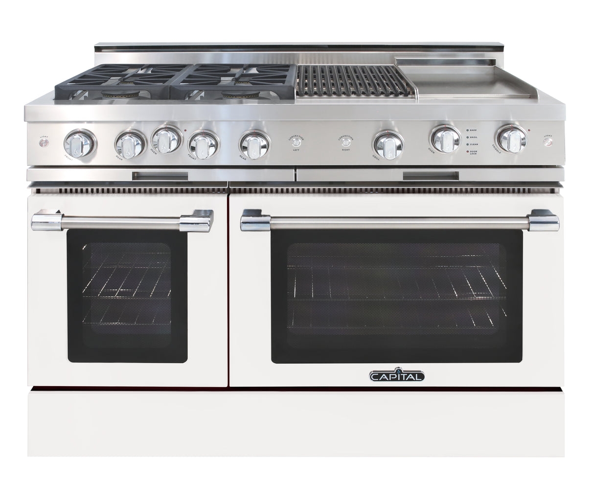 White gloss  range gas cooktop four burners grill, griddle, double oven