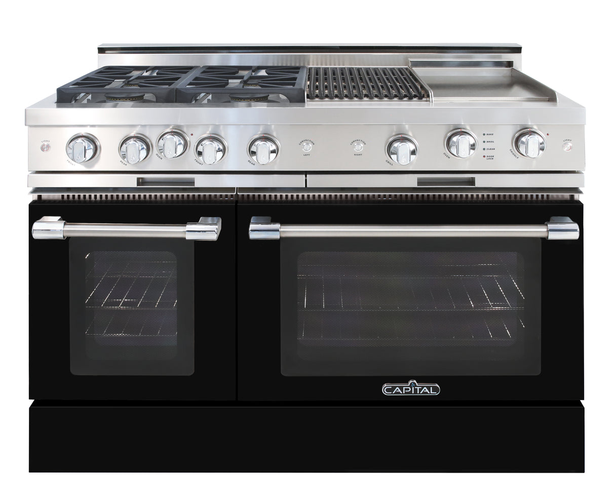 Jet black gloss  range gas cooktop four burners grill, griddle, double oven