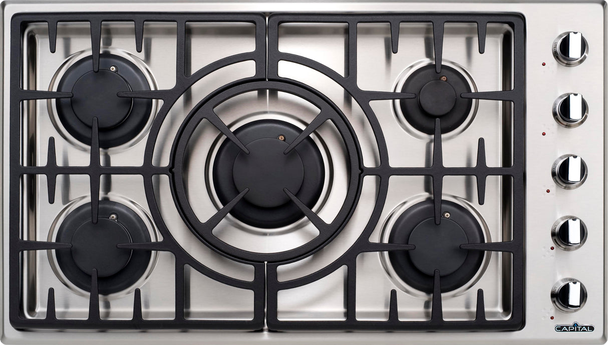 Capital Stainless steel gas cooktop with five burners and control knobs.