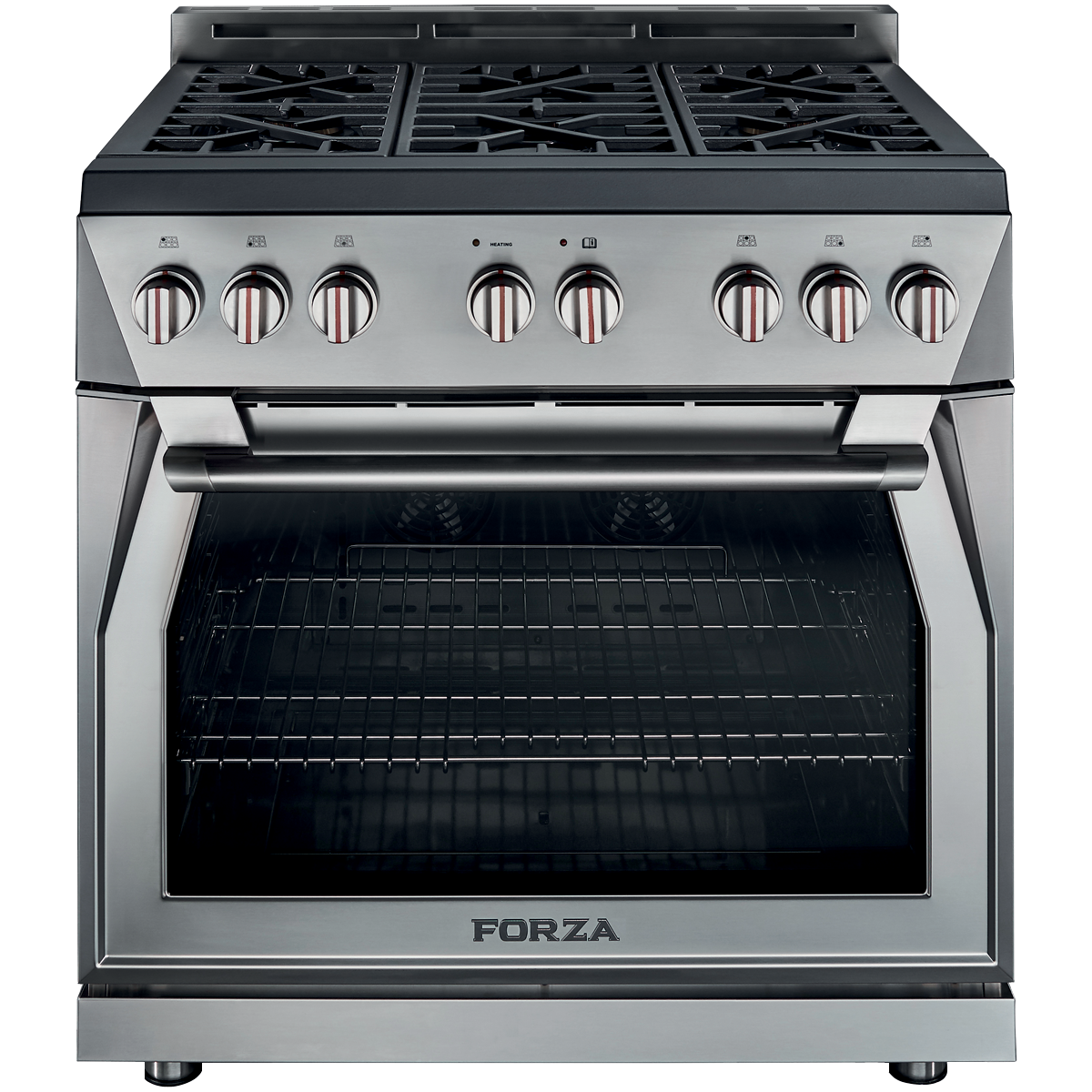 Forza 36 inch stainless steel range with six burners and single oven.