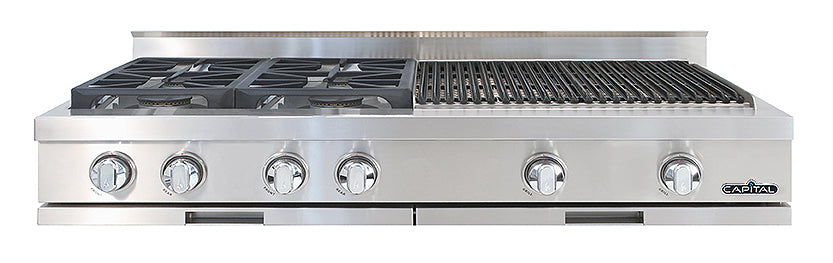 Capital stainless steel gas range top with multiple burners and grill
