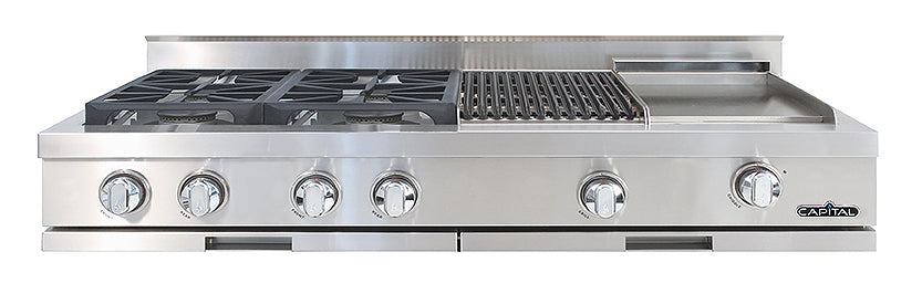 Capital stainless steel gas range top with multiple burners and grills on a white background