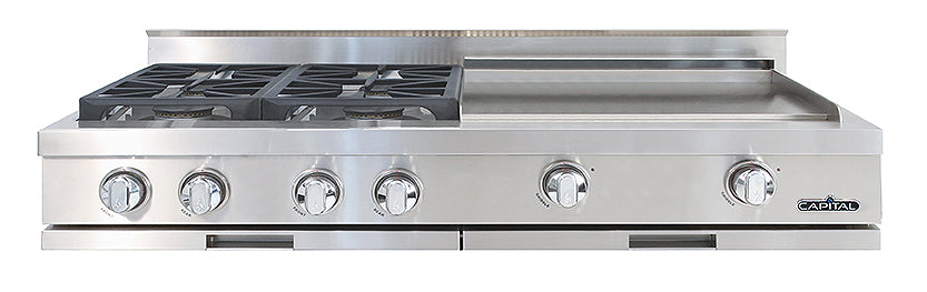 Capital stainless steel gas range with four burners on a white background