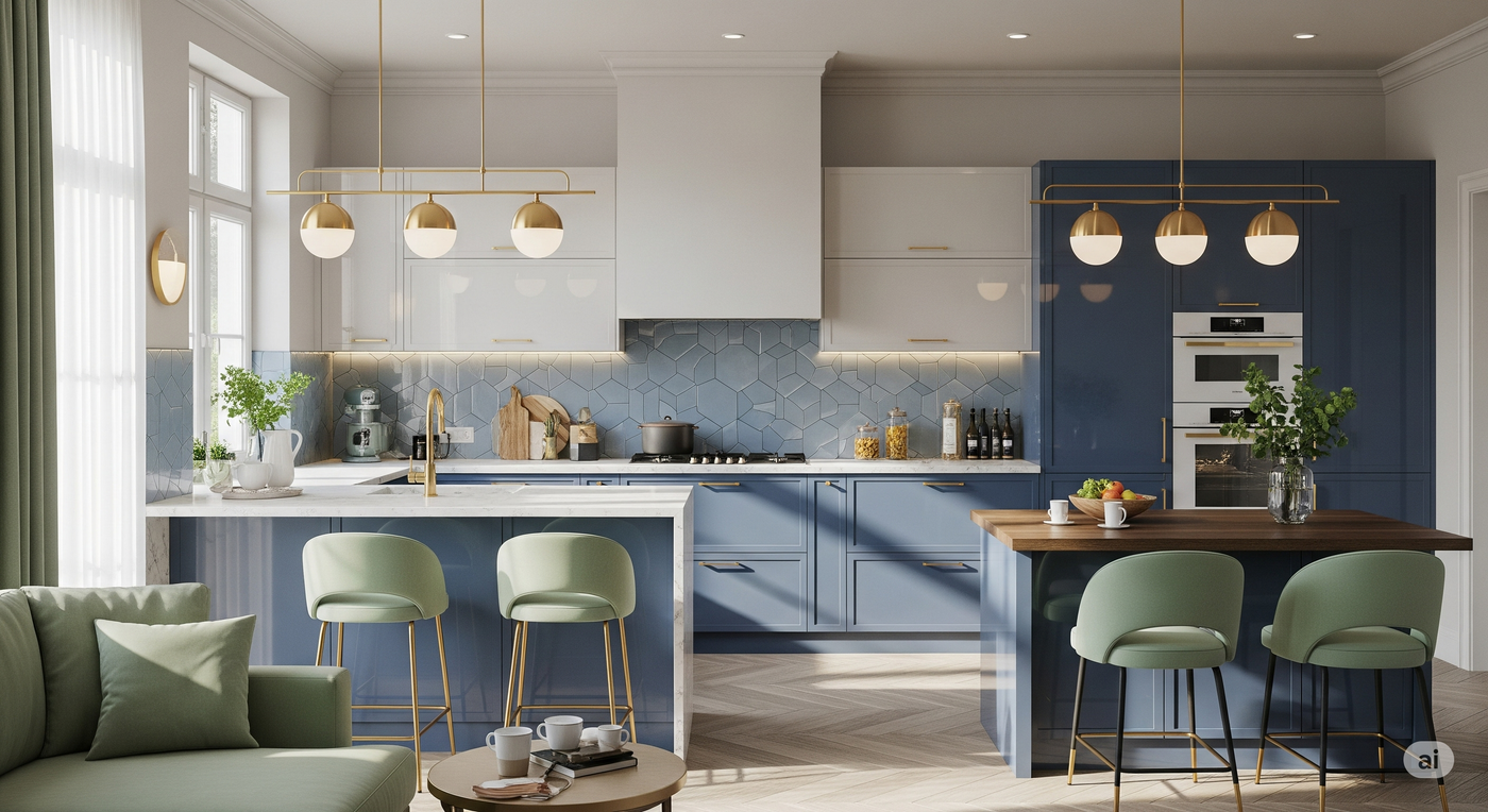 Modern kitchen with blue tiled walls, white cabinets, and green bar stools.