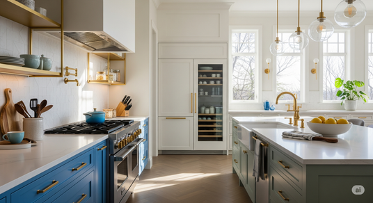 Modern kitchen with white cabinets, blue drawers, and stainless steel appliances.