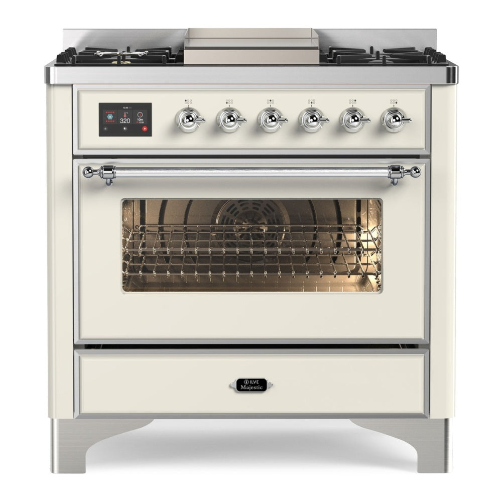 ILVE Majestic II 36" Dual Fuel Range 6 Sealed Burners, Triple Glass Door, Antique White, Chrome Knobs-LP