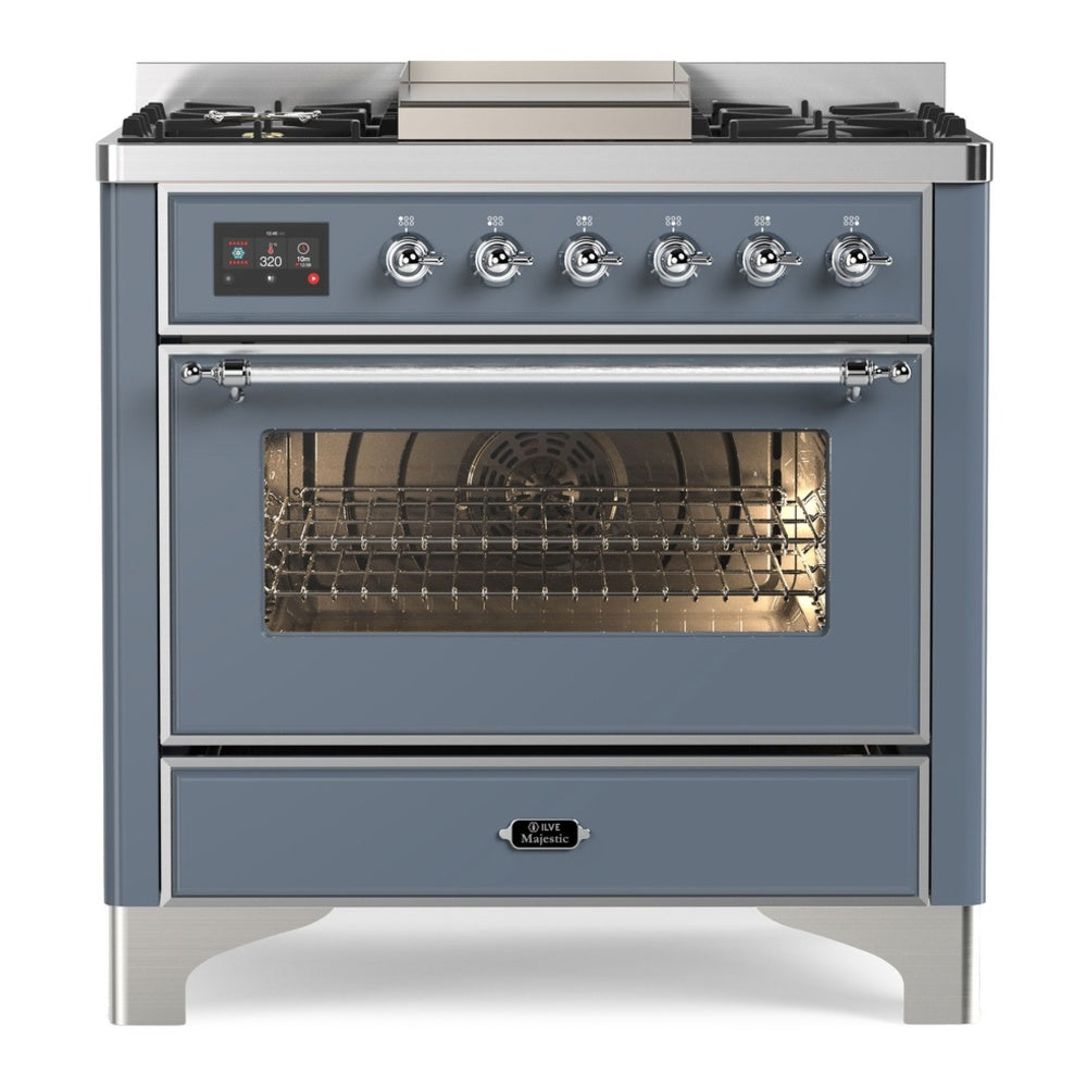 ILVE Majestic II 36" Dual Fuel Range 6 Sealed Burners, Triple Glass Door, Blue Grey, Chrome Knobs-Natural Gas
