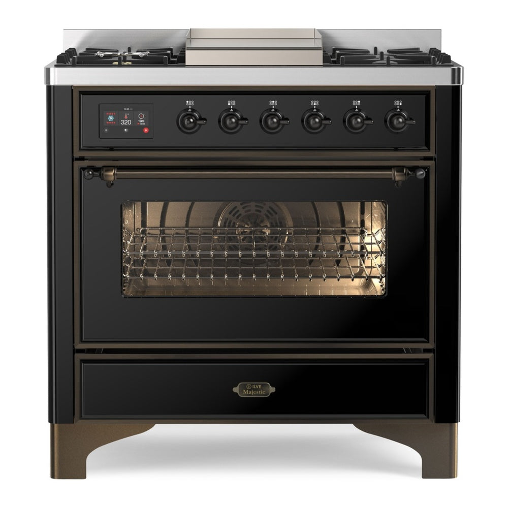 ILVE Majestic II 36" Dual Fuel Range 6 Sealed Burners, Triple Glass Door, Glossy Black, Burnished Knobs-Natural Gas