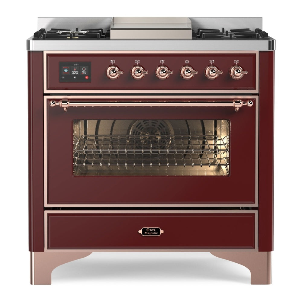 ILVE Majestic II 36" Dual Fuel Range 6 Sealed Burners, Triple Glass Door, Burgundy, Copper Knobs-Natural Gas