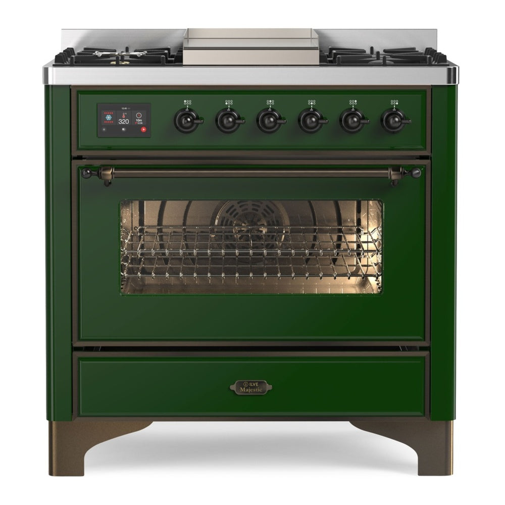 ILVE Majestic II 36" Dual Fuel Range 6 Sealed Burners, Triple Glass Door, Emerald Green, Burnished Knobs-Natural Gas