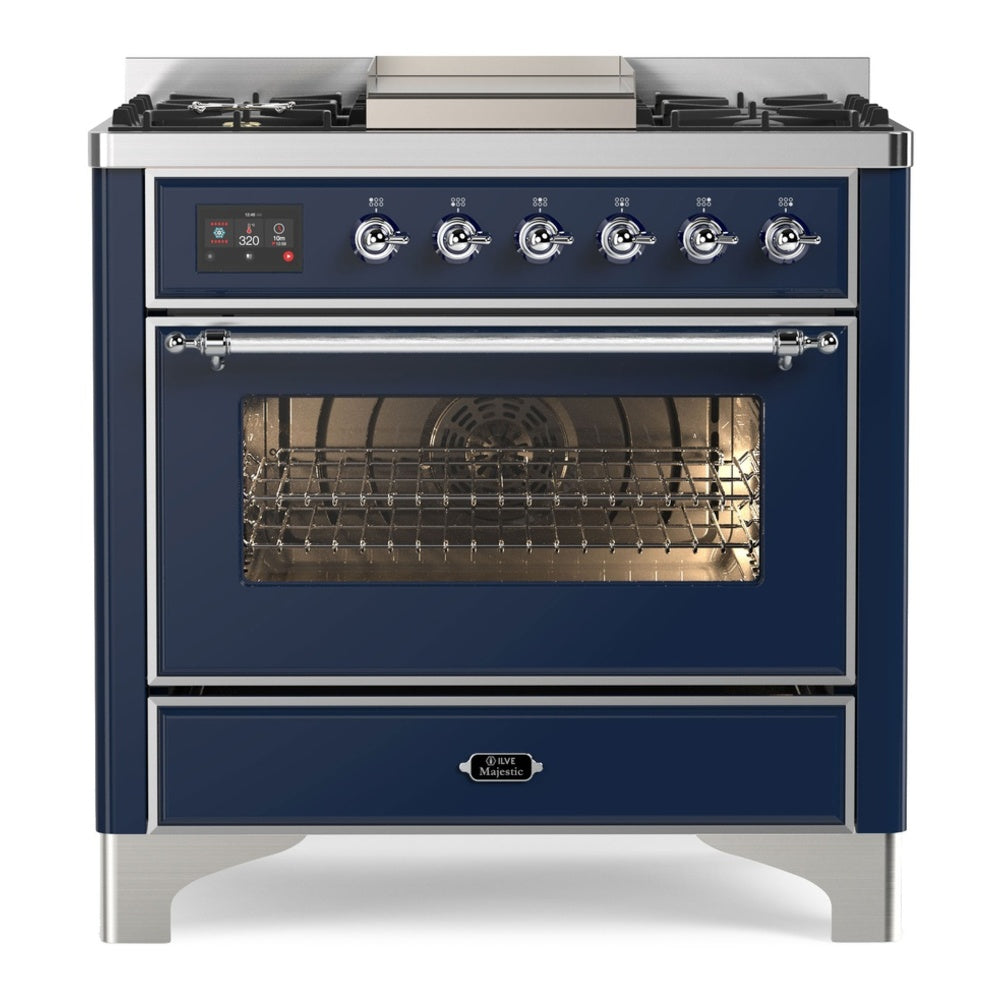 ILVE Majestic II 36" Dual Fuel Range 6 Sealed Burners, Triple Glass Door, Midnight Blue, Chrome Knobs-LP