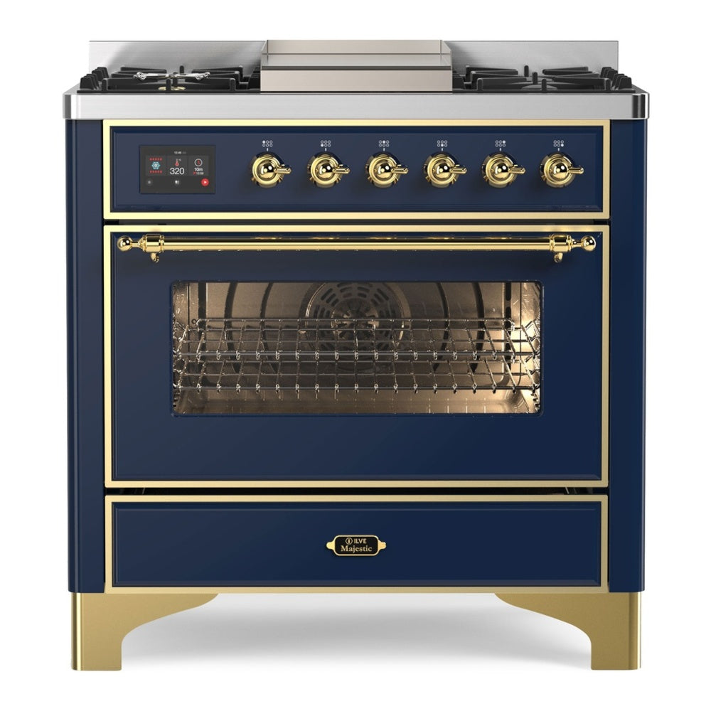 ILVE Majestic II 36" Dual Fuel Range 6 Sealed Burners, Triple Glass Door, Midnight Blue, Brass Knobs-LP