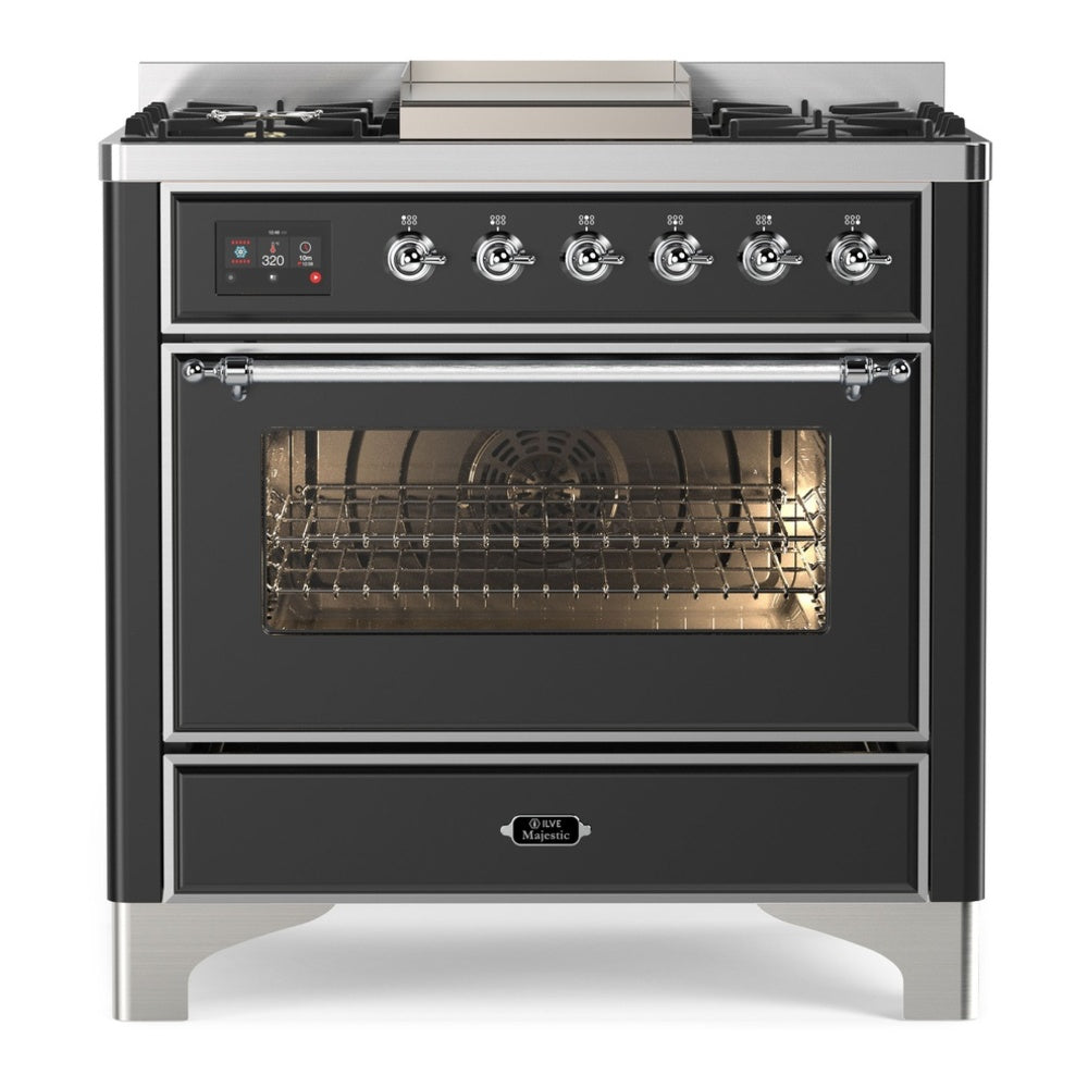 ILVE Majestic II 36" Dual Fuel Range 6 Sealed Burners, Triple Glass Door, Graphite Matte, Chrome Knobs-Natural Gas