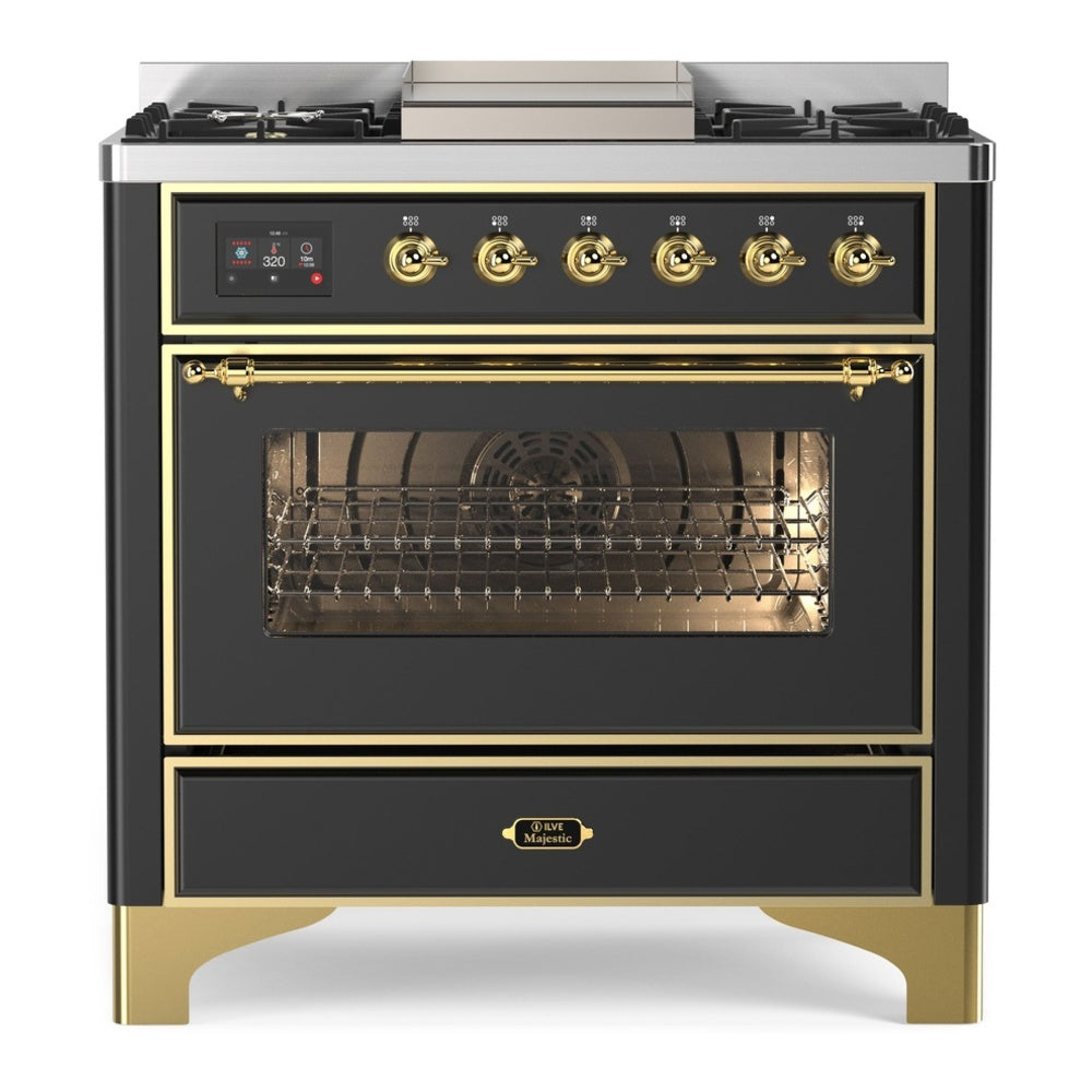 ILVE Majestic II 36" Dual Fuel Range 6 Sealed Burners, Triple Glass Door, Graphite Matte, Brass Knobs-Natural Gas