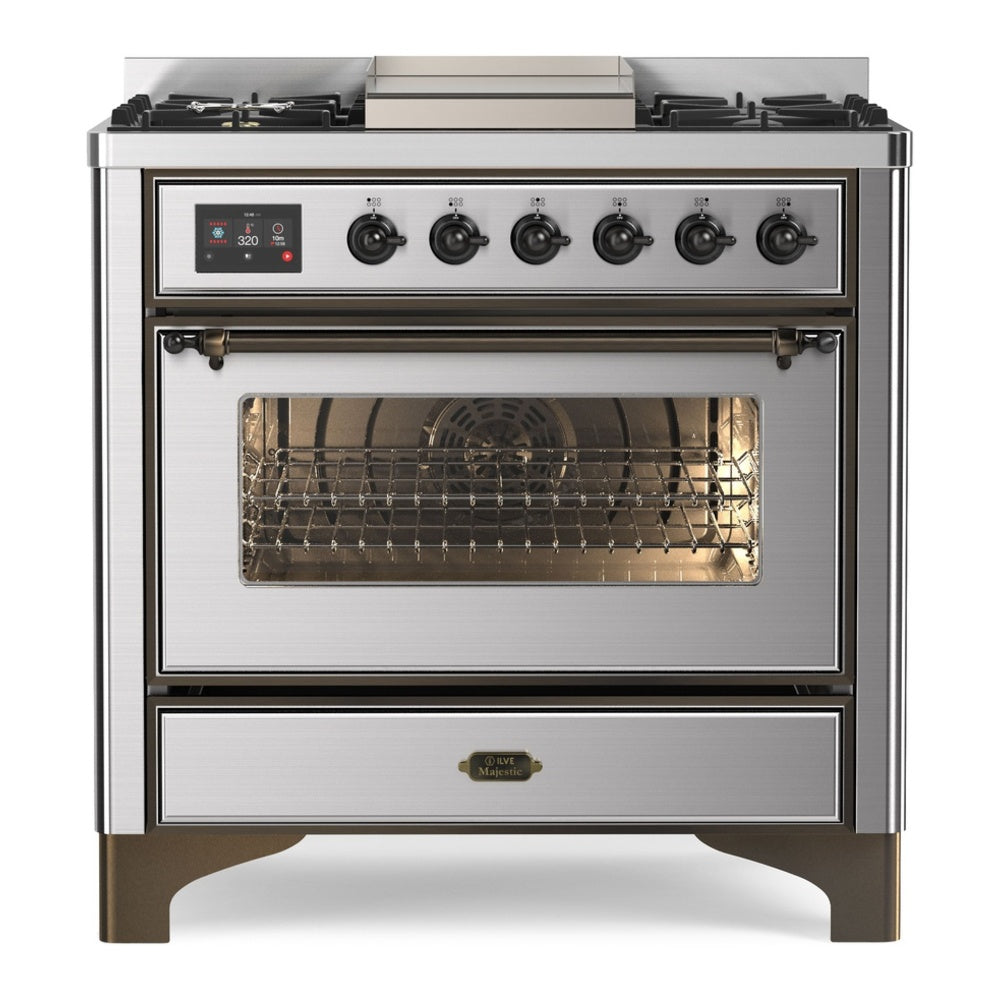 ILVE Majestic II 36" Dual Fuel Range 6 Sealed Burners, Triple Glass Door, Stainless Steel, Burnished Knobs-LP