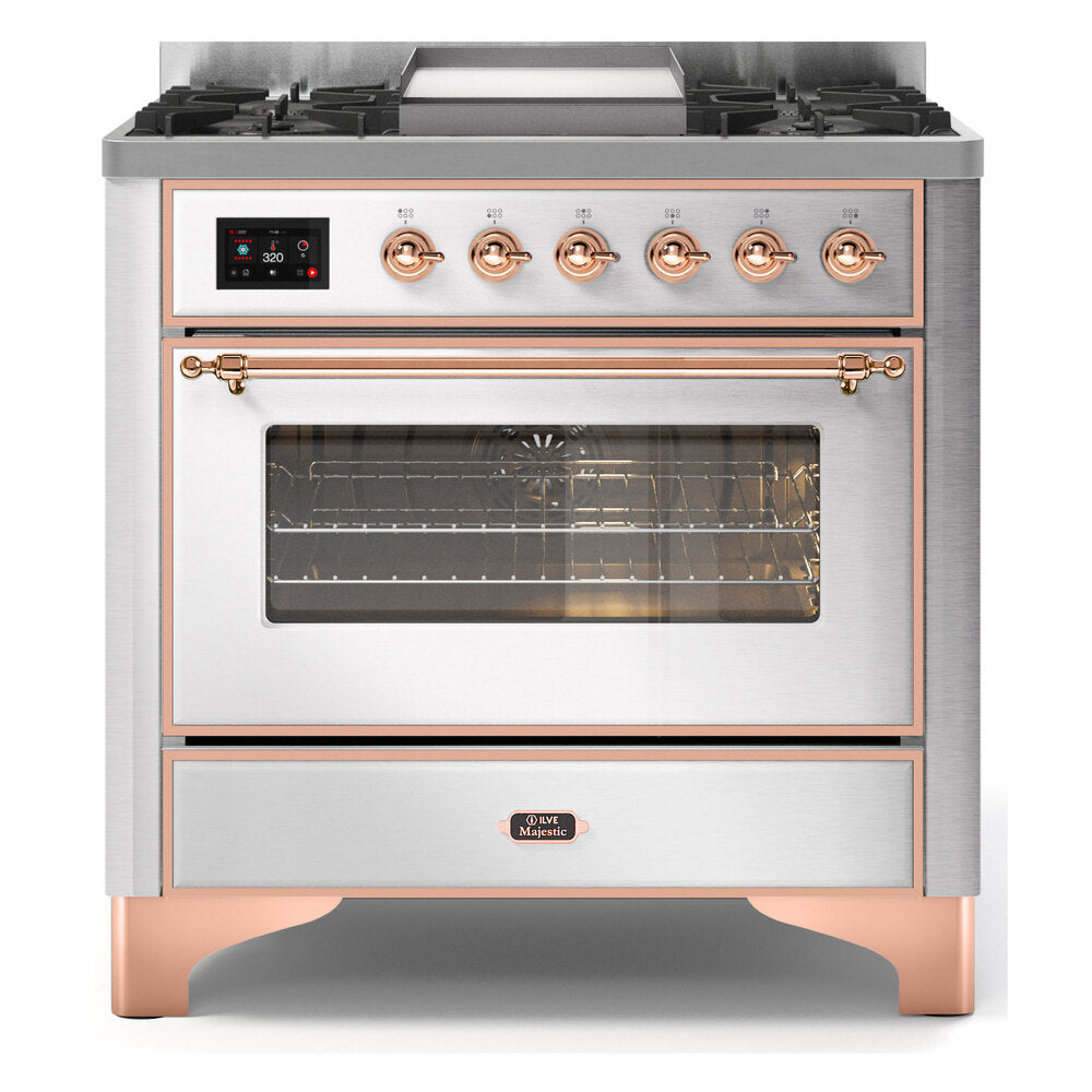 ILVE Majestic II 36" Dual Fuel Range 6 Sealed Burners, Triple Glass Door, Stainless Steel, Copper Knobs-Natural Gas