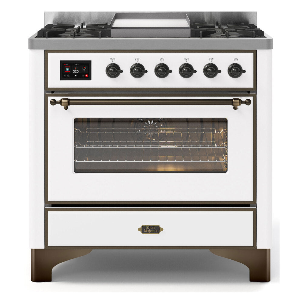 ILVE Majestic II 36" Dual Fuel Range 6 Sealed Burners, Triple Glass Door, White, Burnished Knobs-LP