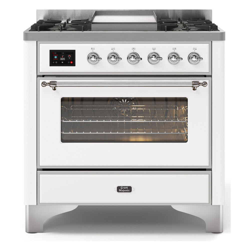 ILVE Majestic II 36" Dual Fuel Range 6 Sealed Burners, Triple Glass Door, White, Chrome Knobs-Natural Gas