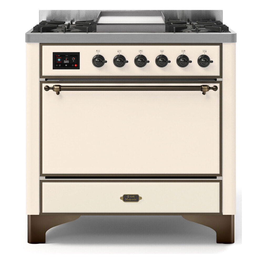 ILVE Majestic II 36" Dual Fuel Range 6 Sealed Burners, Solid Door, Antique White, Burnished Knobs-LP
