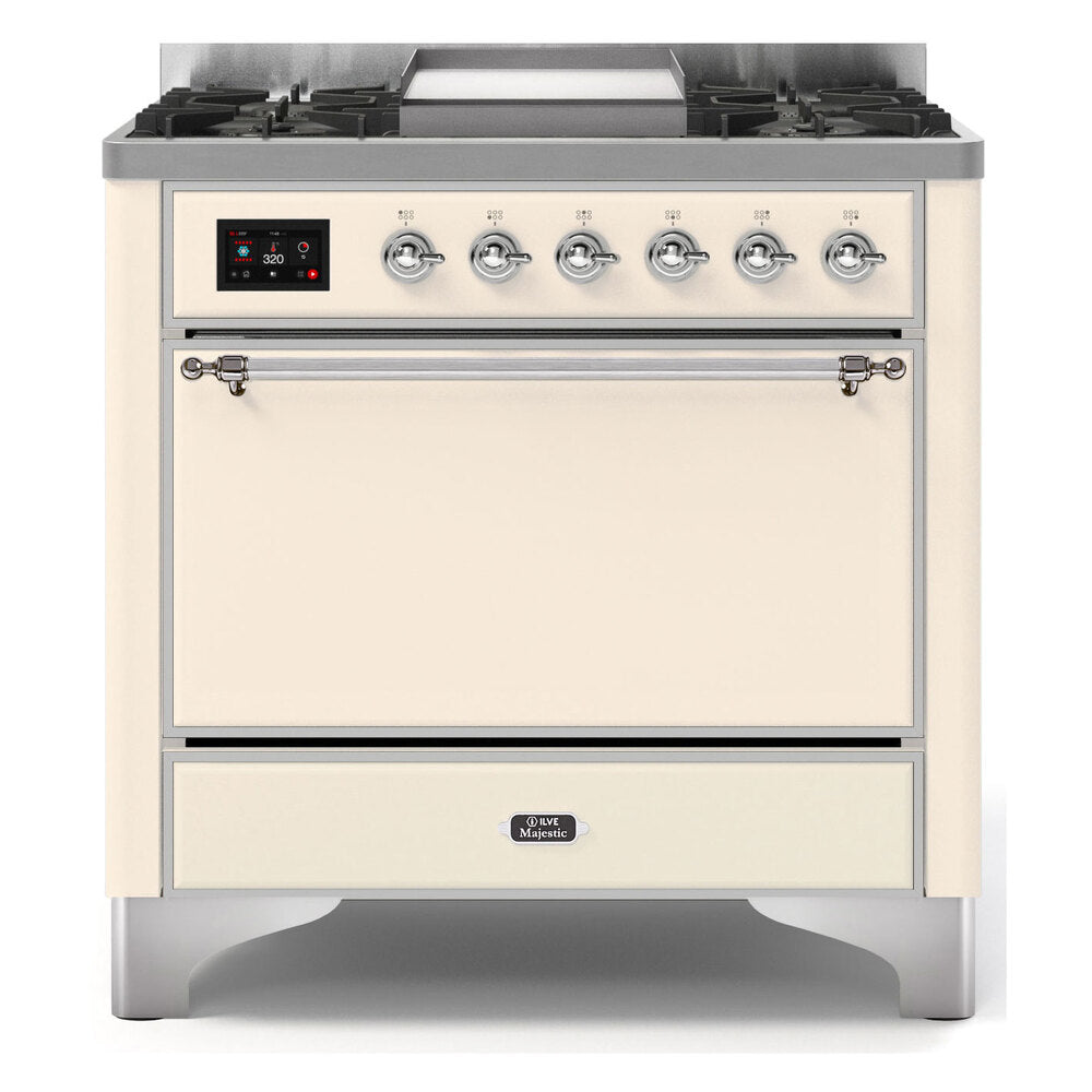 ILVE Majestic II 36" Dual Fuel Range 6 Sealed Burners, Solid Door, Antique White, Chrome Knobs-LP