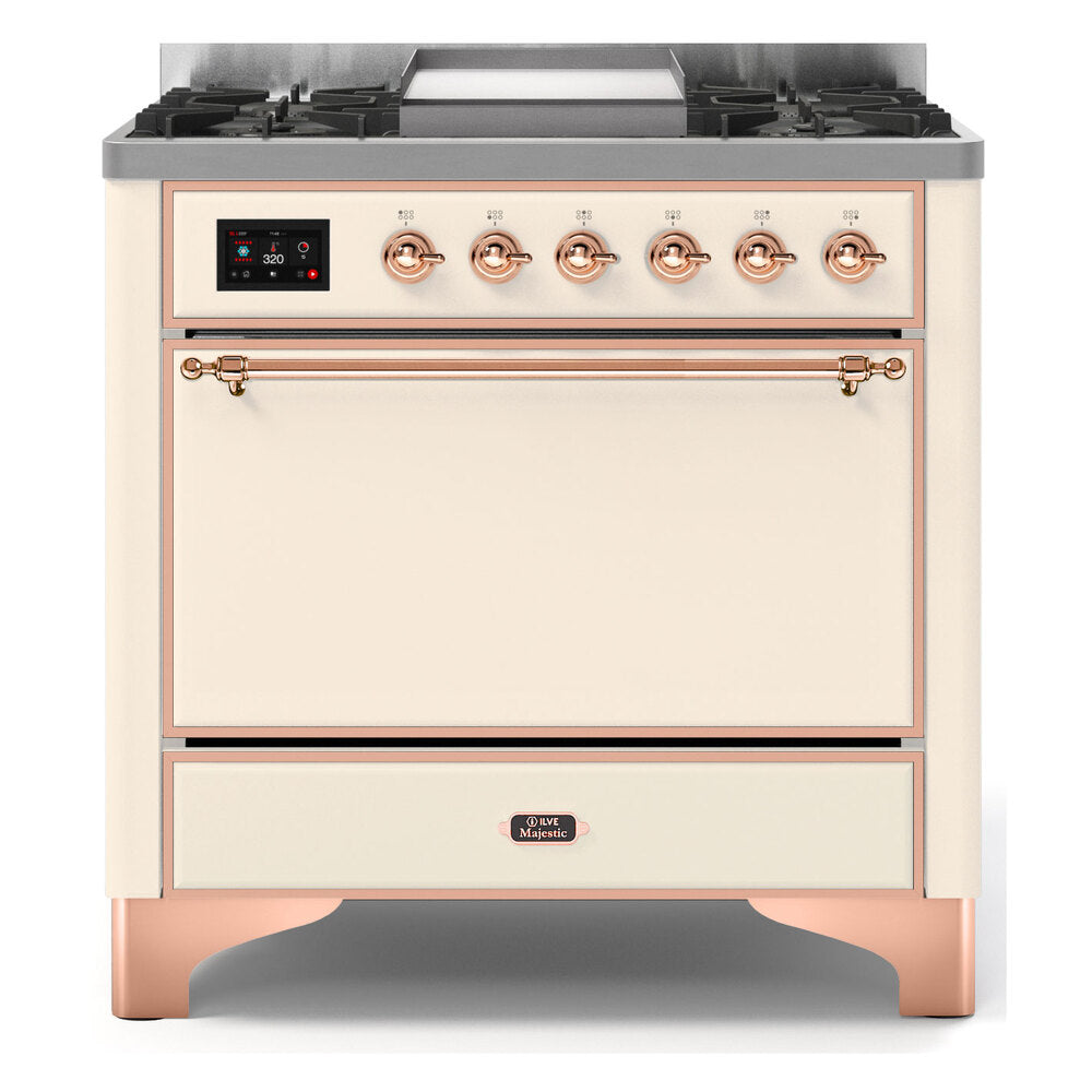 ILVE Majestic II 36" Dual Fuel Range 6 Sealed Burners, Solid Door, Antique White,Copper Knobs-LP