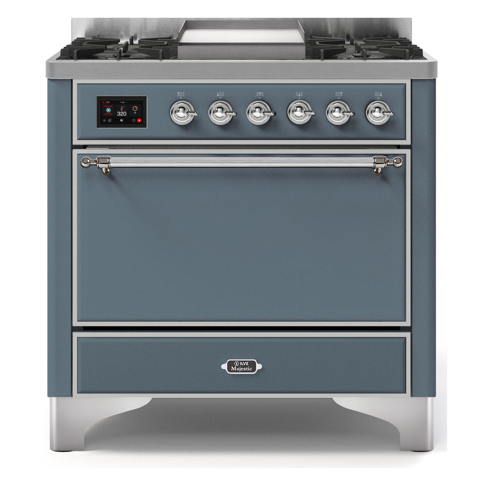 ILVE Majestic II 36" Dual Fuel Range 6 Sealed Burners, Solid Door, Blue Grey, Chrome Knobs-Natural Gas
