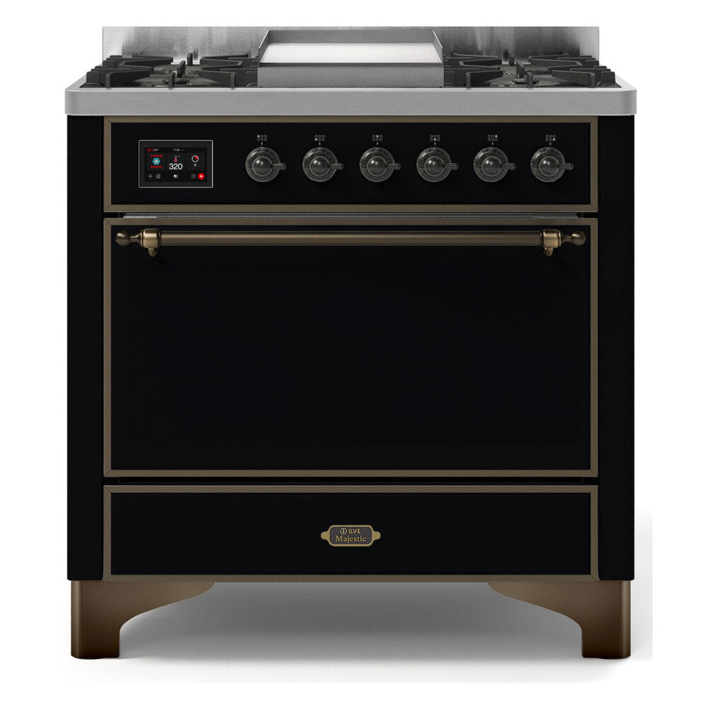 ILVE Majestic II 36" Dual Fuel Range 6 Sealed Burners, Solid Door, Glossy Black, Burnished Knobs-Natural Gas