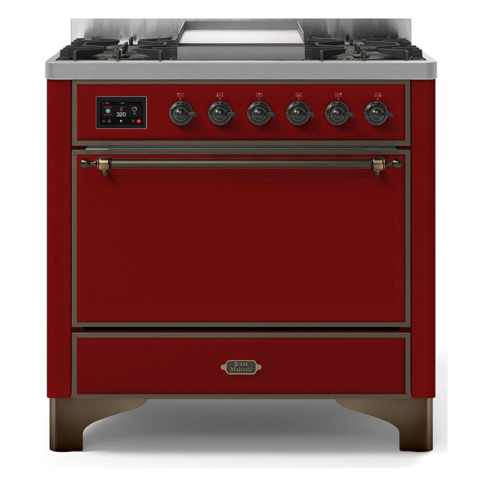 ILVE Majestic II 36" Dual Fuel Range 6 Sealed Burners, Solid Door, Burgundy, Burnished Knobs-Natural Gas