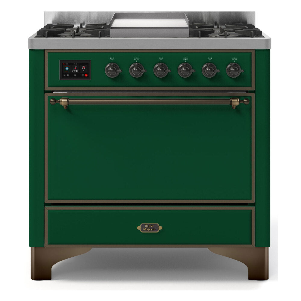 ILVE Majestic II 36" Dual Fuel Range 6 Sealed Burners, Solid Door, Emerald Green, Burnished Knobs-LP