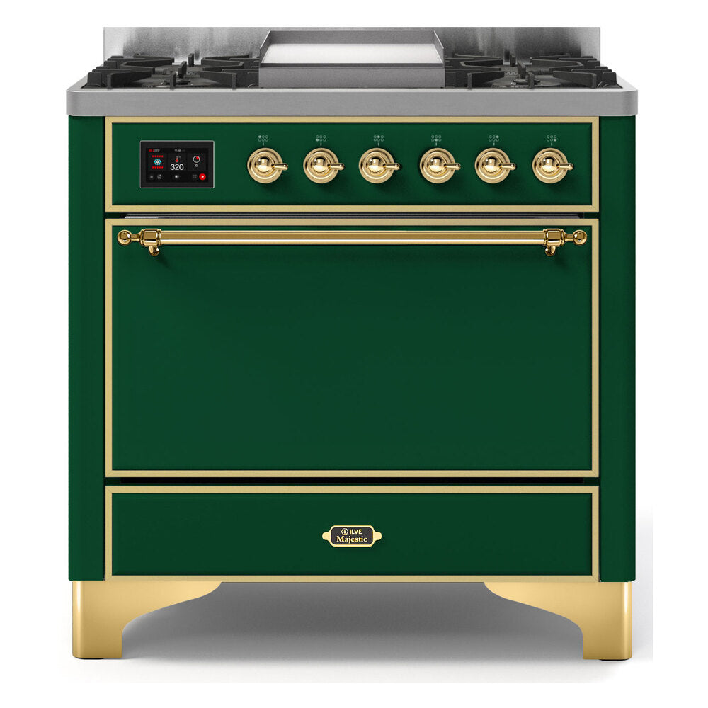 ILVE Majestic II 36" Dual Fuel Range 6 Sealed Burners, Solid Door, Emerald Green, Brass Knobs-Natural Gas