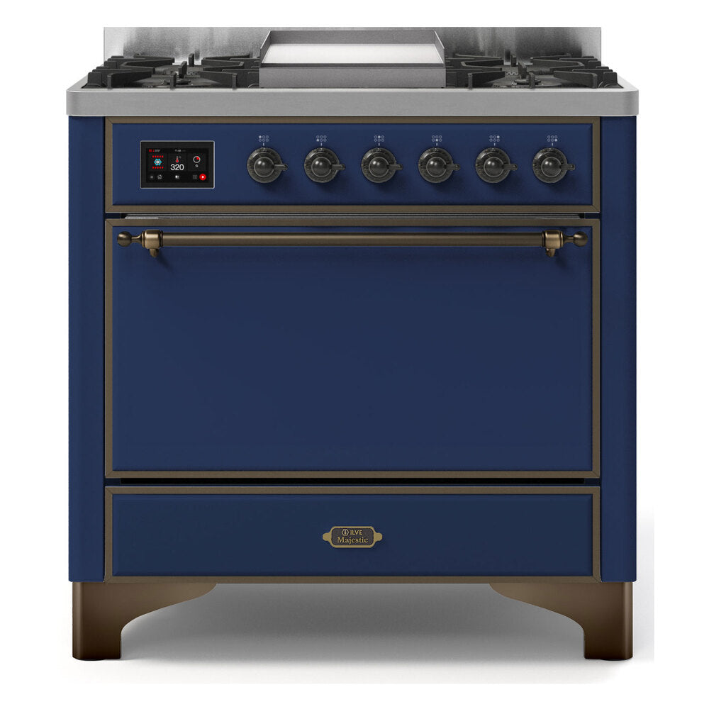 ILVE Majestic II 36" Dual Fuel Range 6 Sealed Burners, Solid Door, Midnight Blue, Burnished Knobs-Natural Gas