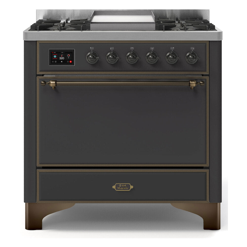 ILVE Majestic II 36" Dual Fuel Range 6 Sealed Burners, Solid Door, Graphite Matte Burnished Knobs-LP