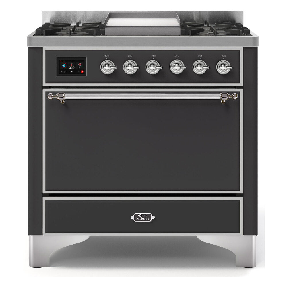 ILVE Majestic II 36" Dual Fuel Range 6 Sealed Burners, Solid Door, Graphite Matte, Chrome Knobs-LP