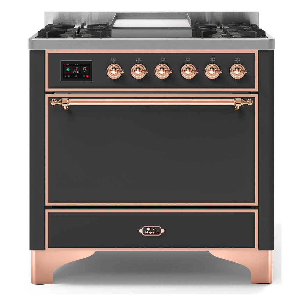 ILVE Majestic II 36" Dual Fuel Range 6 Sealed Burners, Solid Door, Graphite Matte, Copper Knobs-LP
