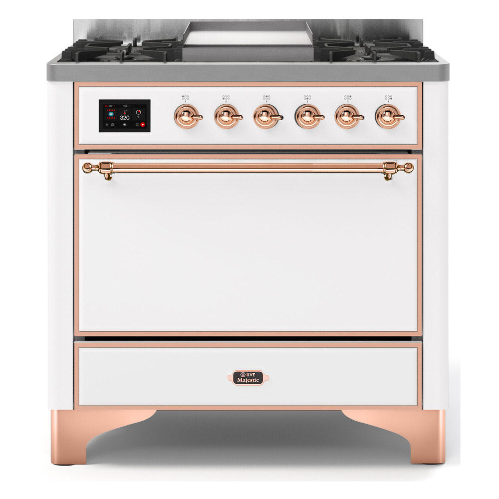 ILVE Majestic II 36" Dual Fuel Range 6 Sealed Burners, Solid Door, White, Copper Knobs-Natural Gas