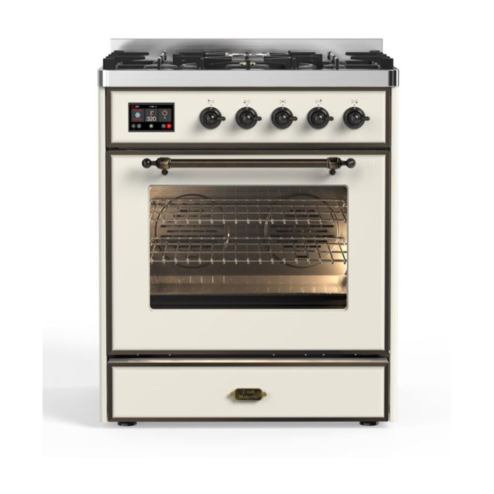 ILVE Majestic II 30" Dual Fuel Range 5 Sealed Burners, Triple Glass Door, Antique White, Burnished Knobs-Natural Gas