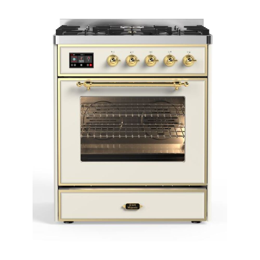 ILVE Majestic II 30" Dual Fuel Range 5 Sealed Burners, Triple Glass Door, Antique White, Burnished Knobs-Natural Gas