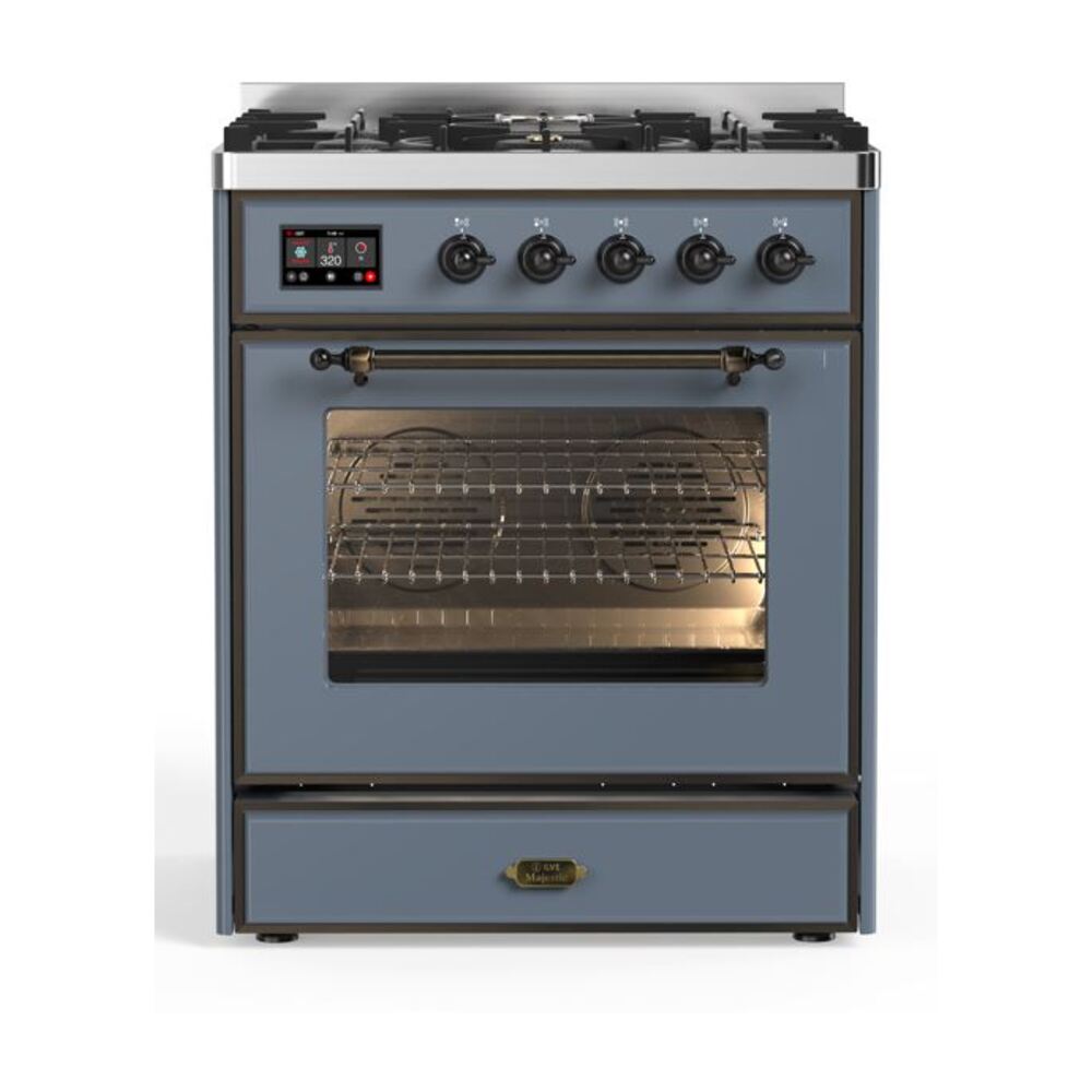 ILVE Majestic II 30" Dual Fuel Range 5 Sealed Burners, Triple Glass Door, Blue Grey, Burnished Knobs-Natural Gas