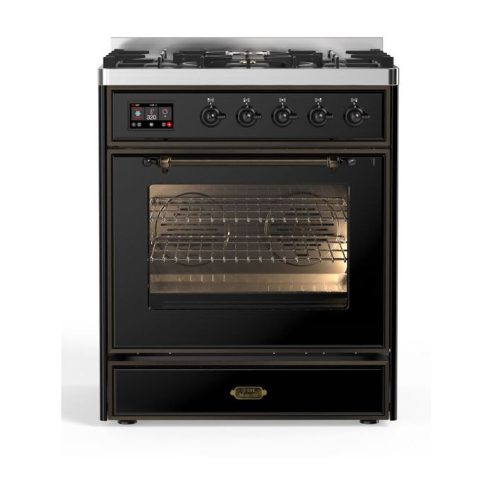 ILVE Majestic II 30" Dual Fuel Range 5 Sealed Burners, Triple Glass Door, Glossy Black, Burnished Knobs-Natural Gas