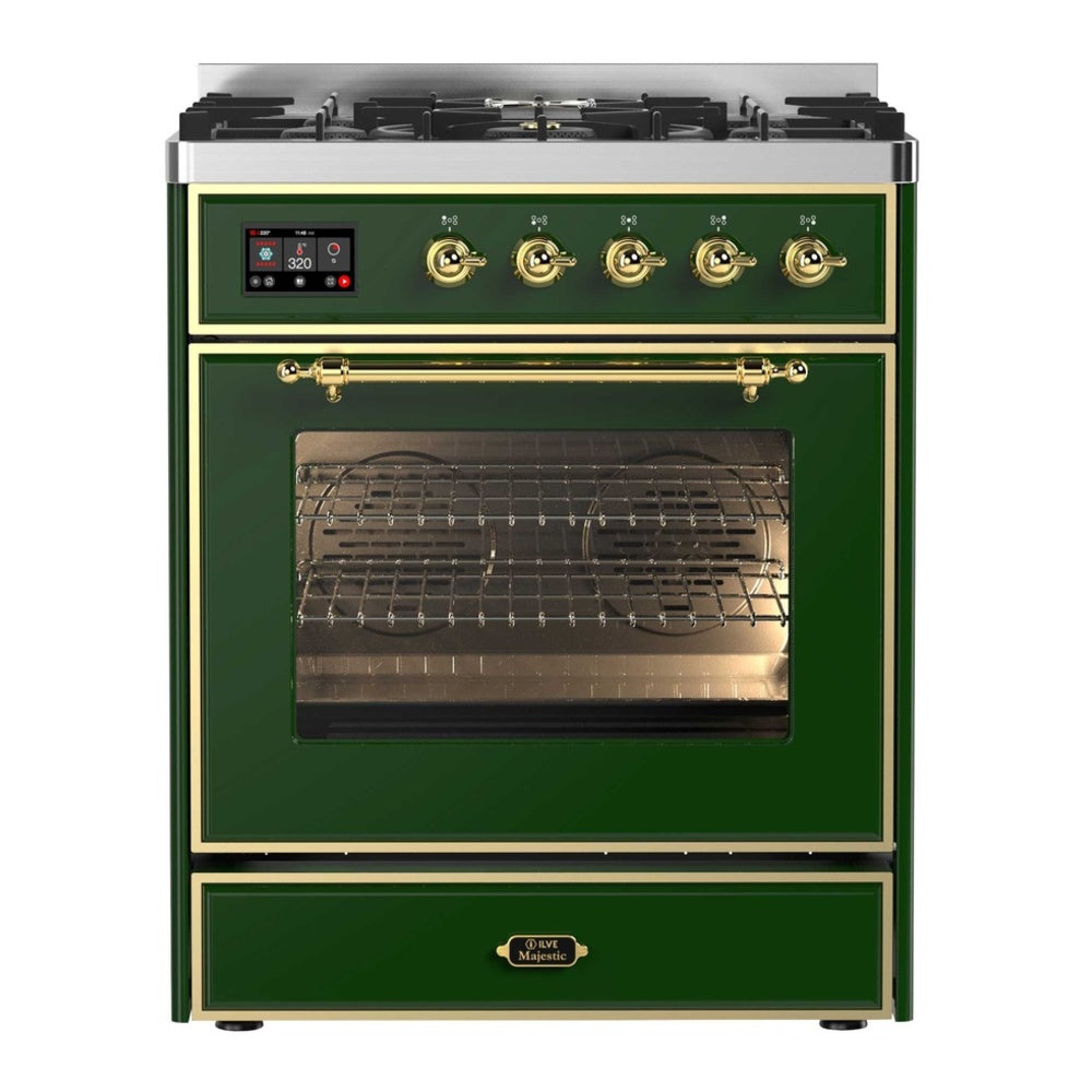 ILVE Majestic II 30" Dual Fuel Range 5 Sealed Burners, Triple Glass Door, Emerald Green, Brass Knobs-Natural Gas