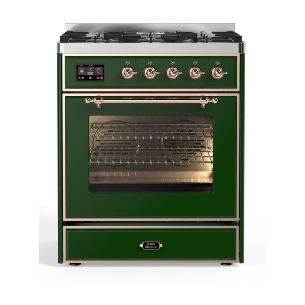 ILVE Majestic II 30" Dual Fuel Range 5 Sealed Burners, Triple Glass Door, Emerald Green, Copper Knobs-Natural Gas