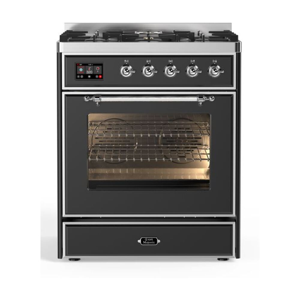 ILVE Majestic II 30" Dual Fuel Range 5 Sealed Burners, Triple Glass Door, Graphite Matte, Chrome Knobs-Natural Gas