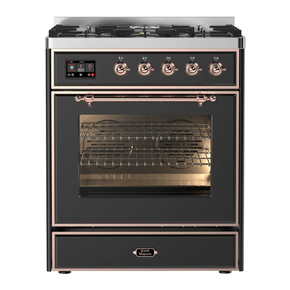 ILVE Majestic II 30” Dual Fuel Range 5 Sealed Burners, Triple Glass Door, Graphite Matte, Copper Knobs-LP