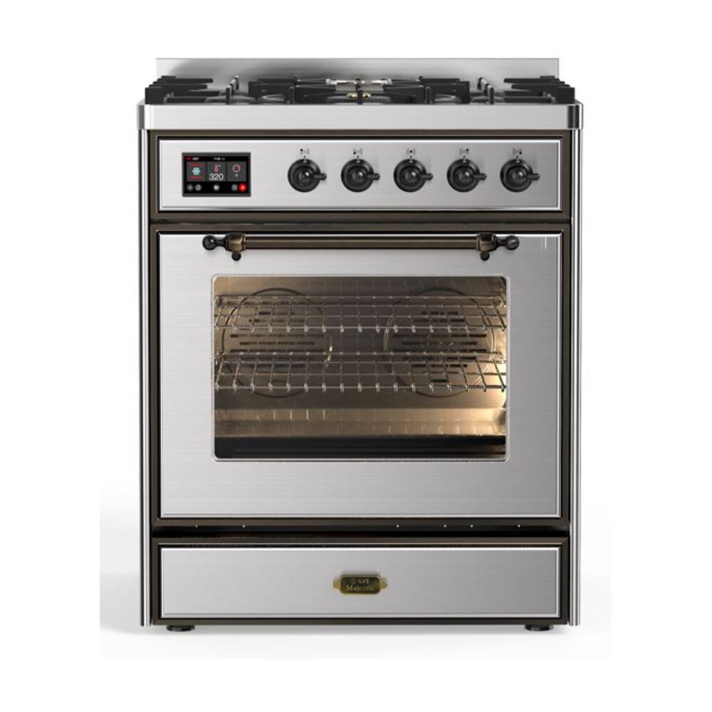 ILVE Majestic II 30" Dual Fuel Range 5 Sealed Burners, Triple Glass Door, Stainless Steel, Burnished Knobs-Natural Gas